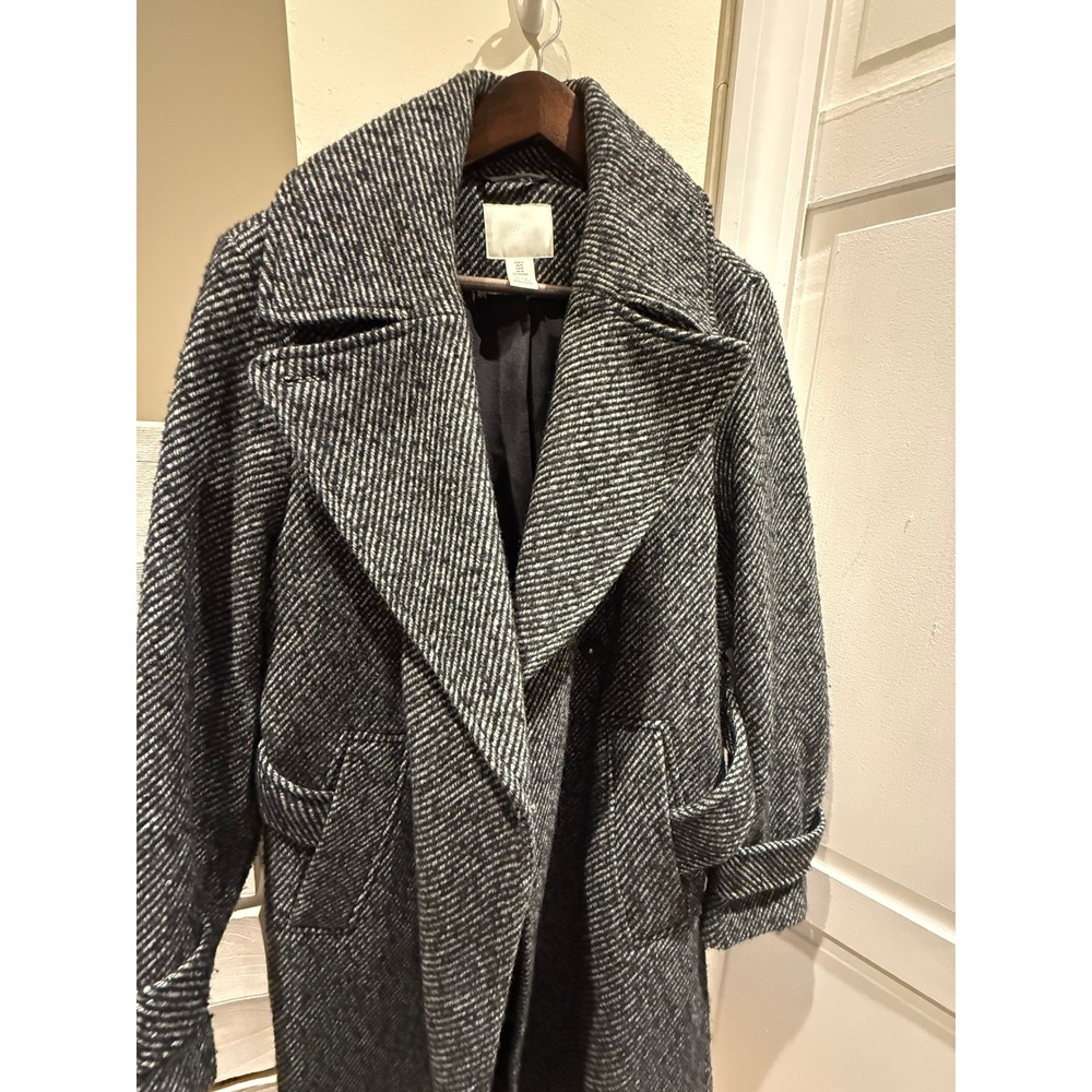 HM Women Black White Diagonal Stripe Longline Belted Overcoat Size M
